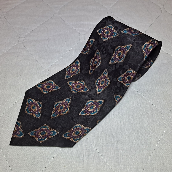 Brandon 💯 Silk Designer Necktie 3.75"x61" Extra Long Black/Turq/Purple Diamonds - Picture 1 of 9